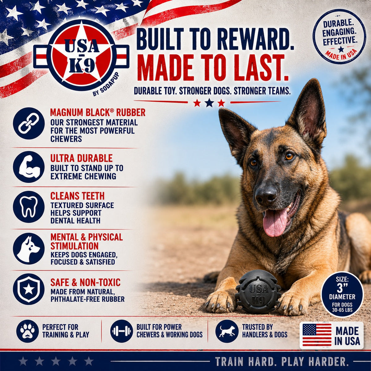 USA-K9 Stars and Stripes Rubber Dog Toy | K9 Handler Reward Toy | Black | USA Made